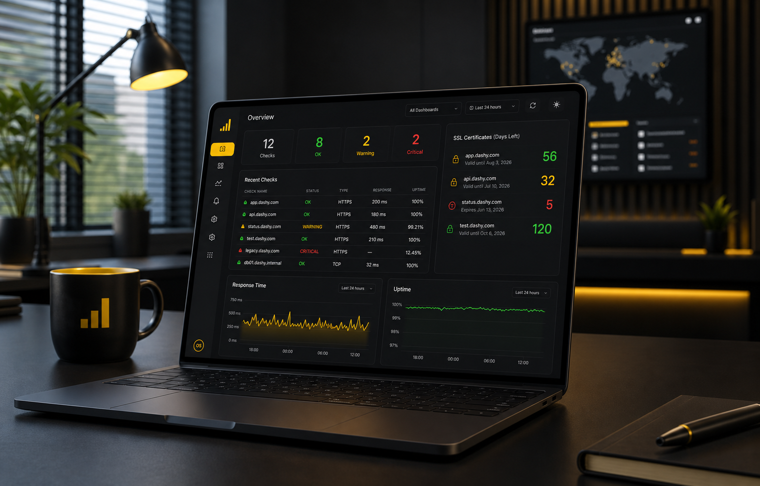 Dashy dashboard on a laptop showing service checks and certificate status